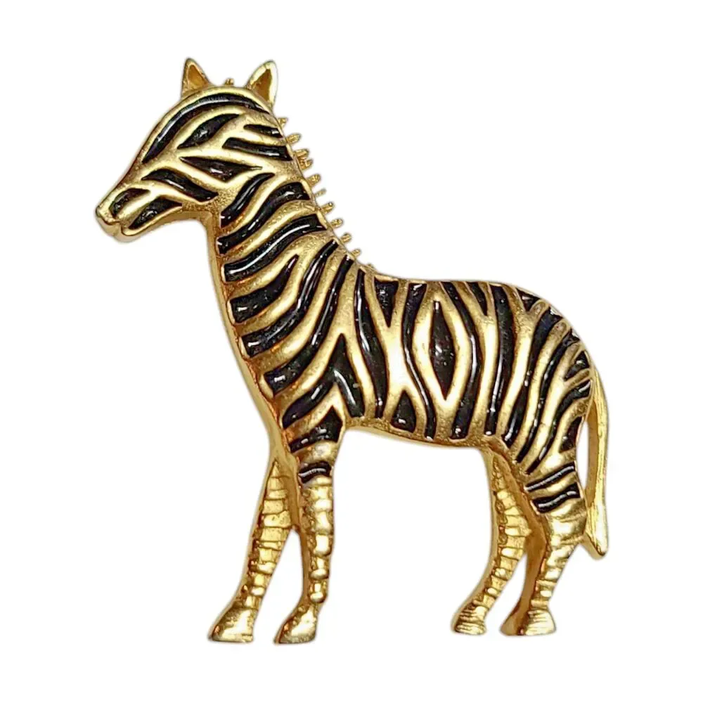 Vintage Black Stripe Enamel Gold Tone Zebra Pin Brooch Safari Animal